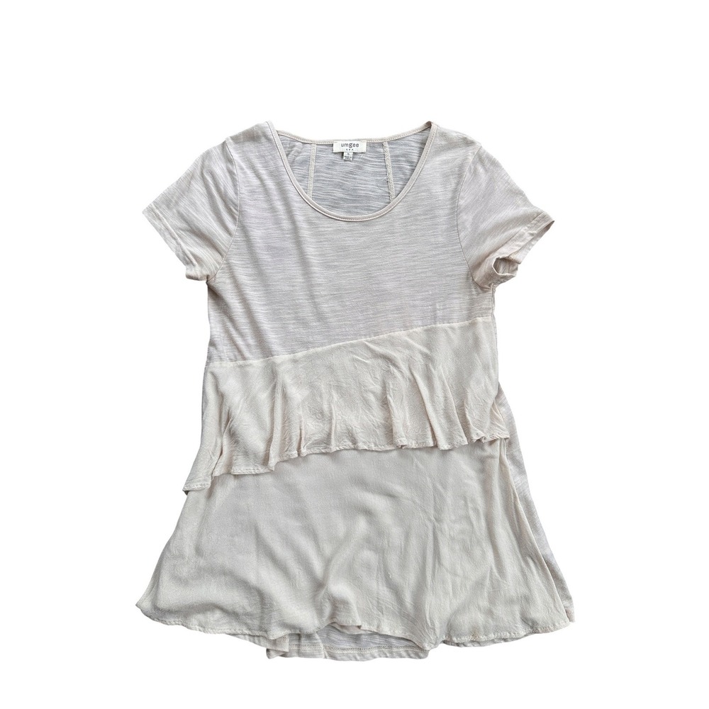 Umgee Tunic Top Women Small Beige Excellent Ruffle Tiered Slub Knit Short Sleeve